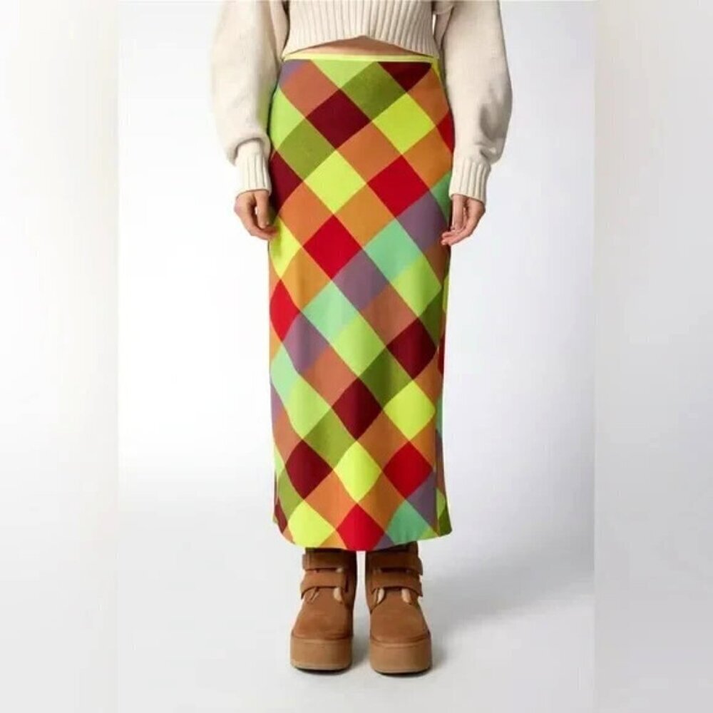 BDG Urban Outfitters Janelle Printed Plaid Red Green Midi Skirt S
